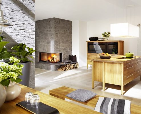 Eck-Kamin 53/121/50 mit grauem Stein